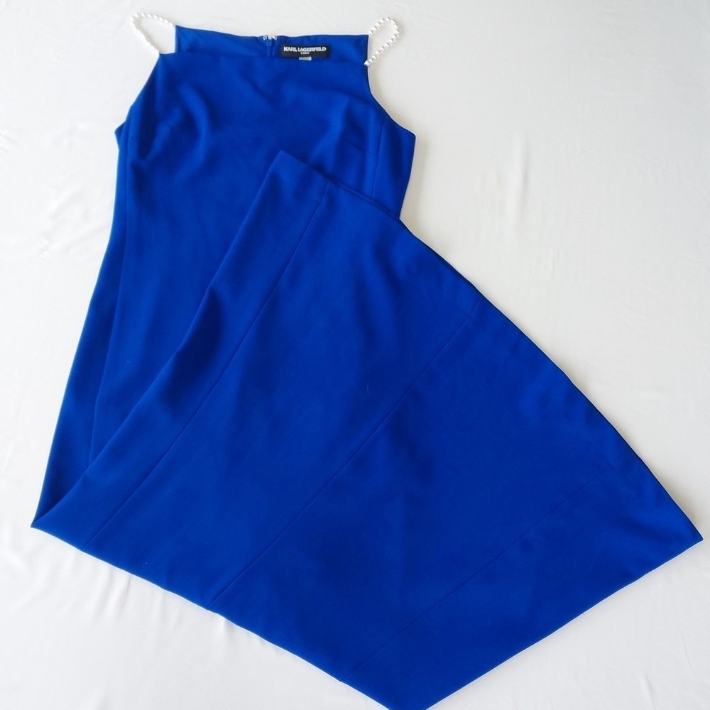 Karl Lagerfeld Dress Sz 10 Blue Pearl Strap Wedding Evening Gown Formal Cocktail